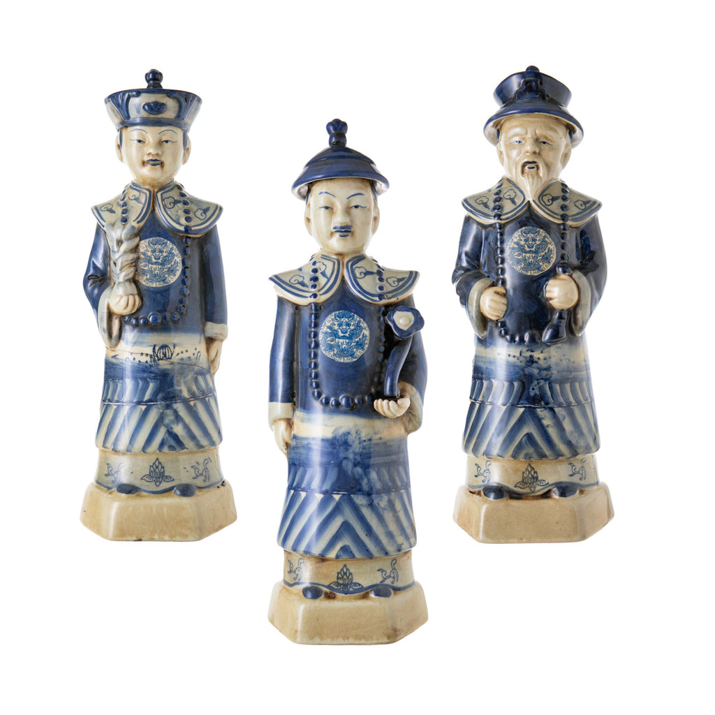 This stunning set of three Sanxing Star Gods represent prosperity, longevity and fortune. These hand-finished ornamental statues are beautifully detailed and painted in traditional blue & white tones. Use as a gorgeous table centerpiece or place in any room as a home decor accent. Each stature measures approx. 14"x4.5"