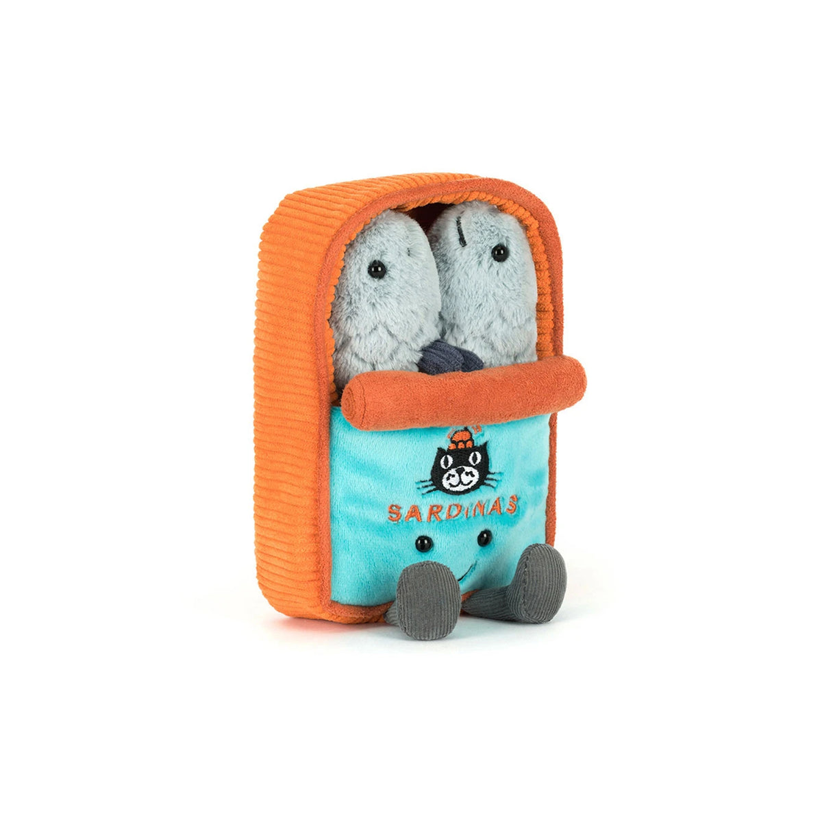A plush Jellycat brand toy shaped like a small orange and turquoise can of sardines, with two gray plush sardines characters peeking out from the top.