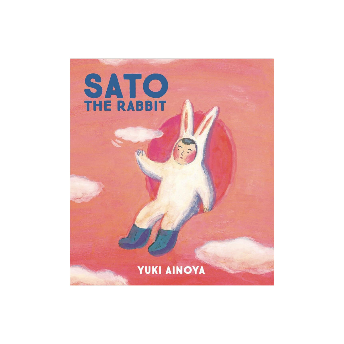 Book cover of 'Sato the Rabbit' by Yuki Ainoya with a person in a rabbit costume on a pink background.