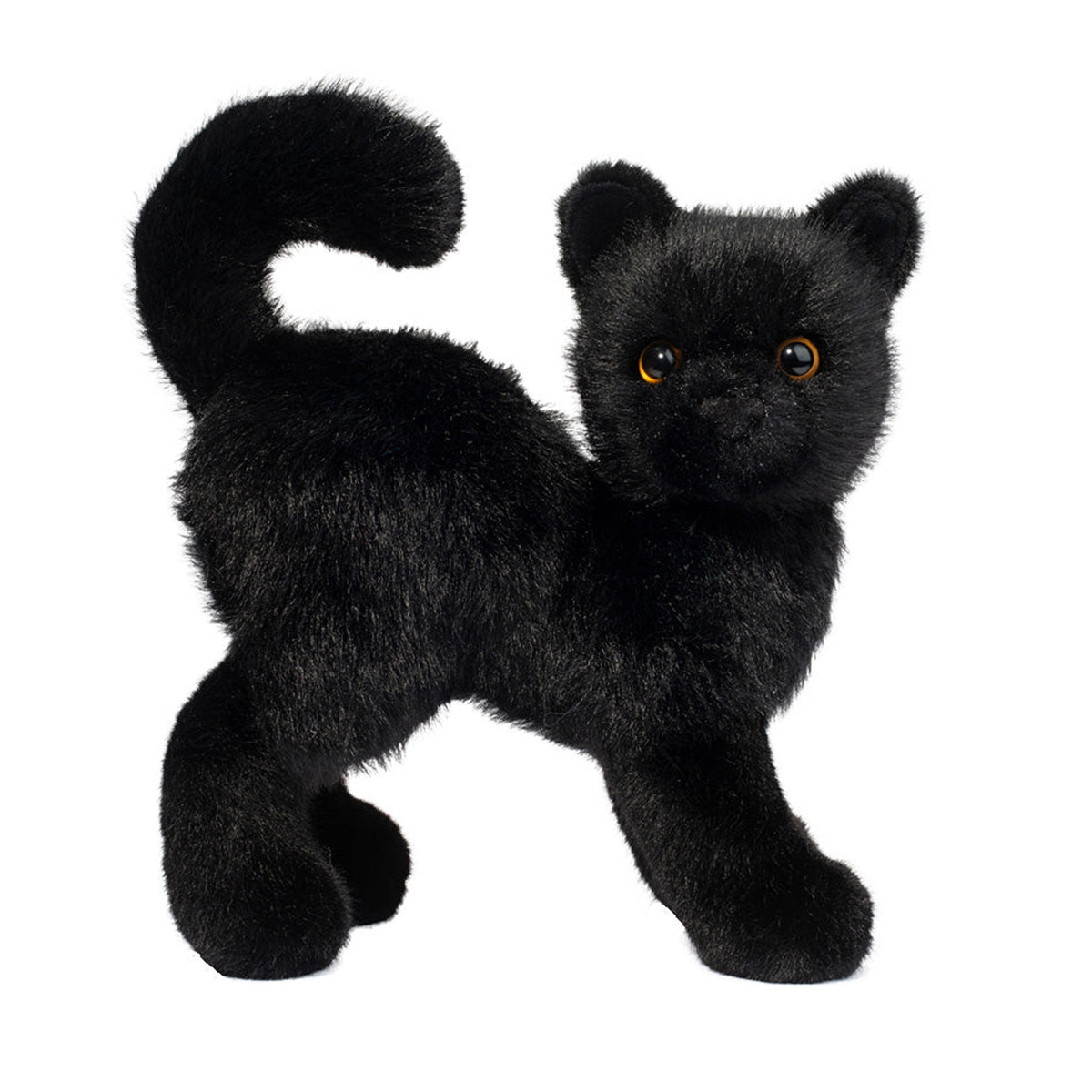 Black plush cat toy on a white background
