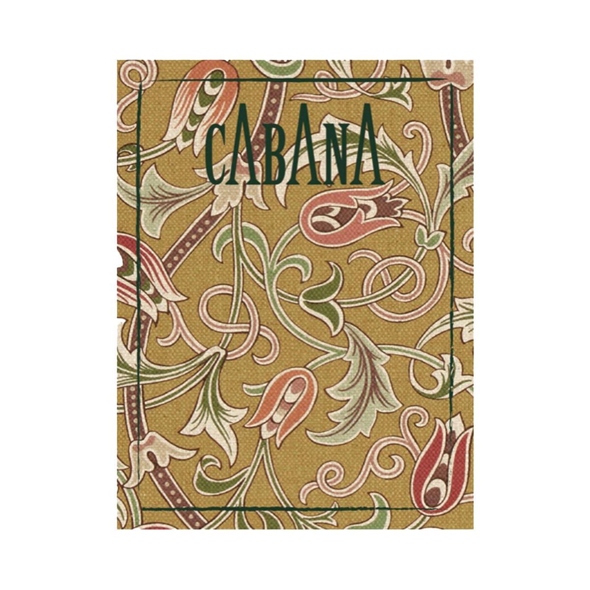 Magazine covered with a floral patterned fabric print from The Unfinished Works, Morris &amp; Co. x The Huntington collection, with &#39;Cabana&#39; branding on a white background