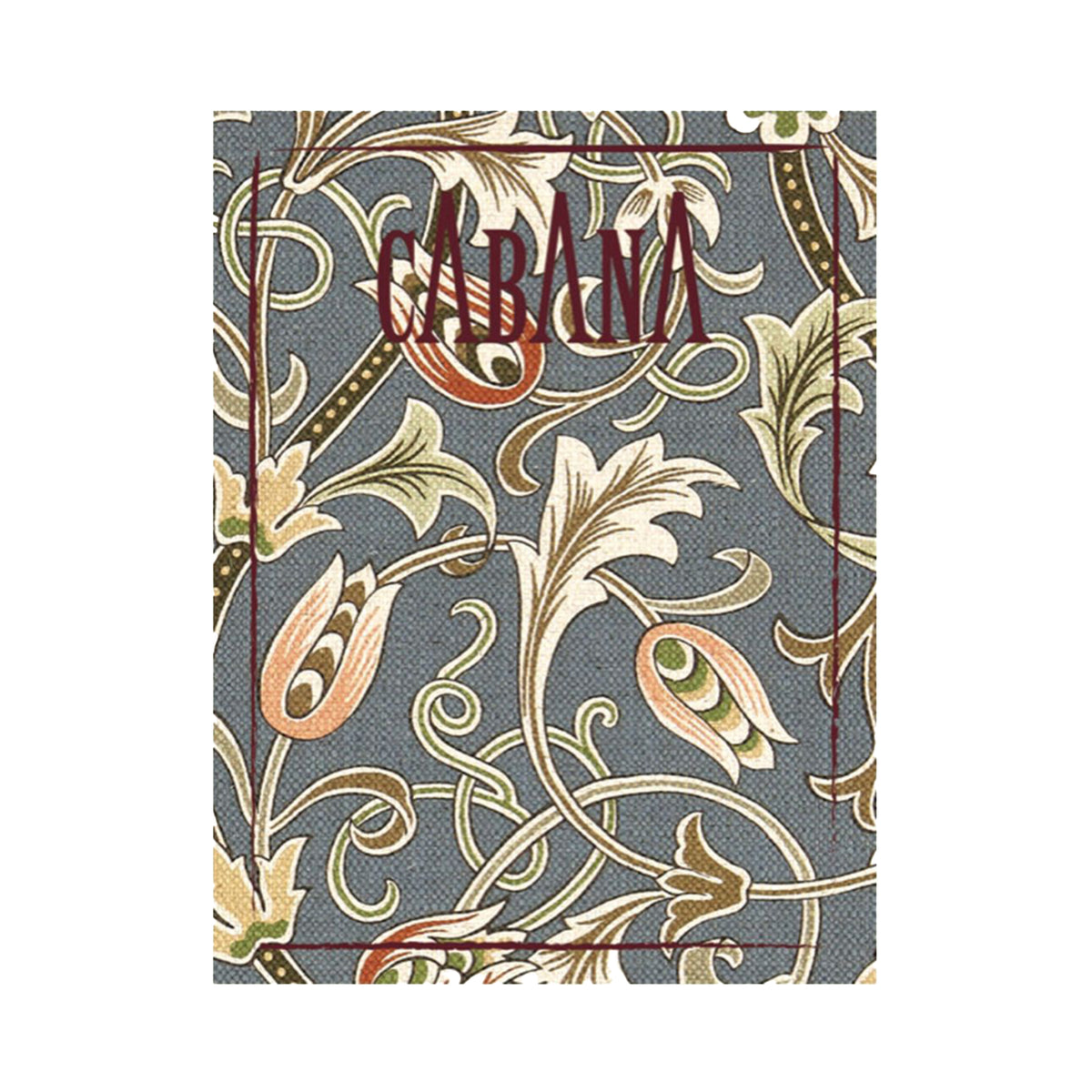 Magazine covered with a floral patterned fabric print from The Unfinished Works, Morris &amp; Co. x The Huntington collection, with &#39;Cabana&#39; branding on a white background