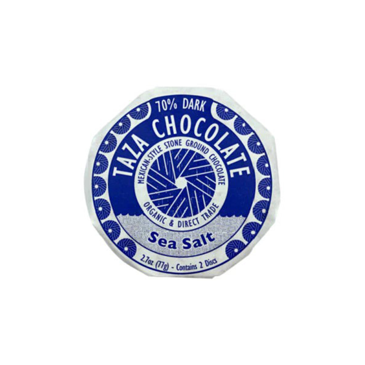 A single round disc of Taza Chocolate Sea Salt chocolate bark, wrapped in white paper with a blue and white circular label, on a plain white background.