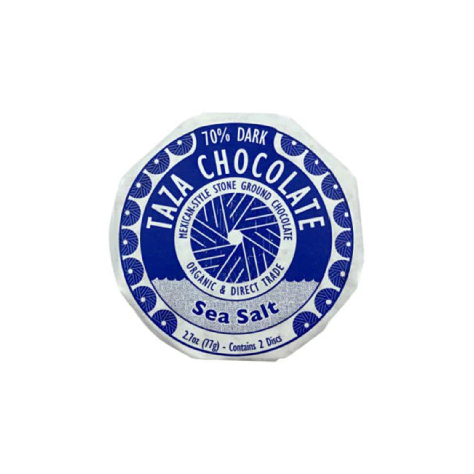 A single round disc of Taza Chocolate Sea Salt chocolate bark, wrapped in white paper with a blue and white circular label, on a plain white background.