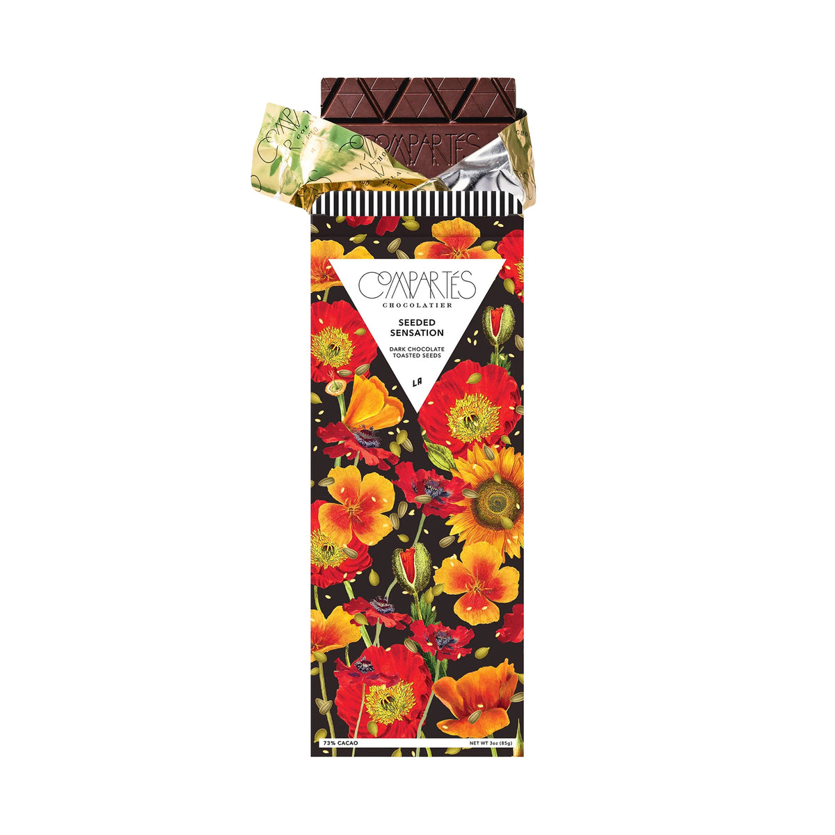 Chocolate bar with colorful floral packaging on a white background