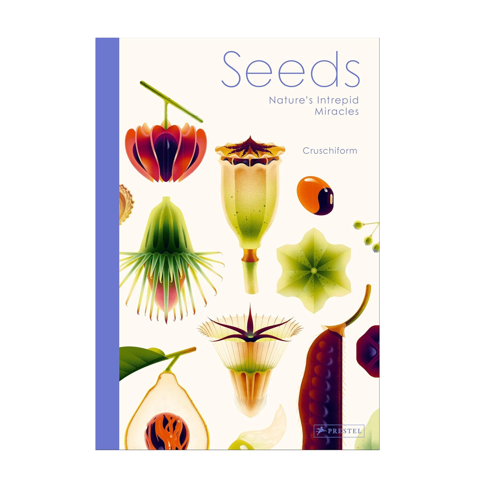 Open book with illustrations of seeds and text on a white background