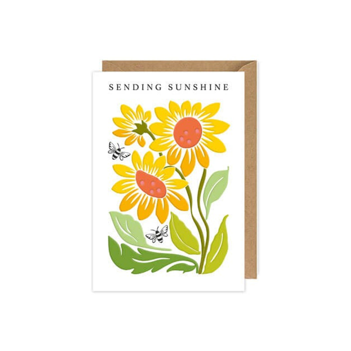 Greeting card with sunflower design and 'Sending Sunshine' text on a white background