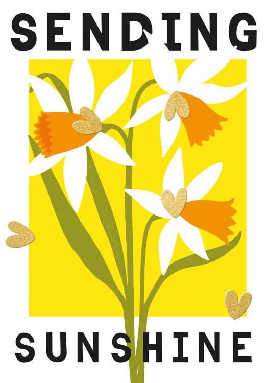 Spread a little sunshine, whatever the weather with this wonderfully positive notecard. Featuring spring daffodils accented with happy golden foiled hearts, this is the perfect note to send to anyone needing a pick-me-up, a 'get well soon', or just to say, hi to a treasured friend or relative.