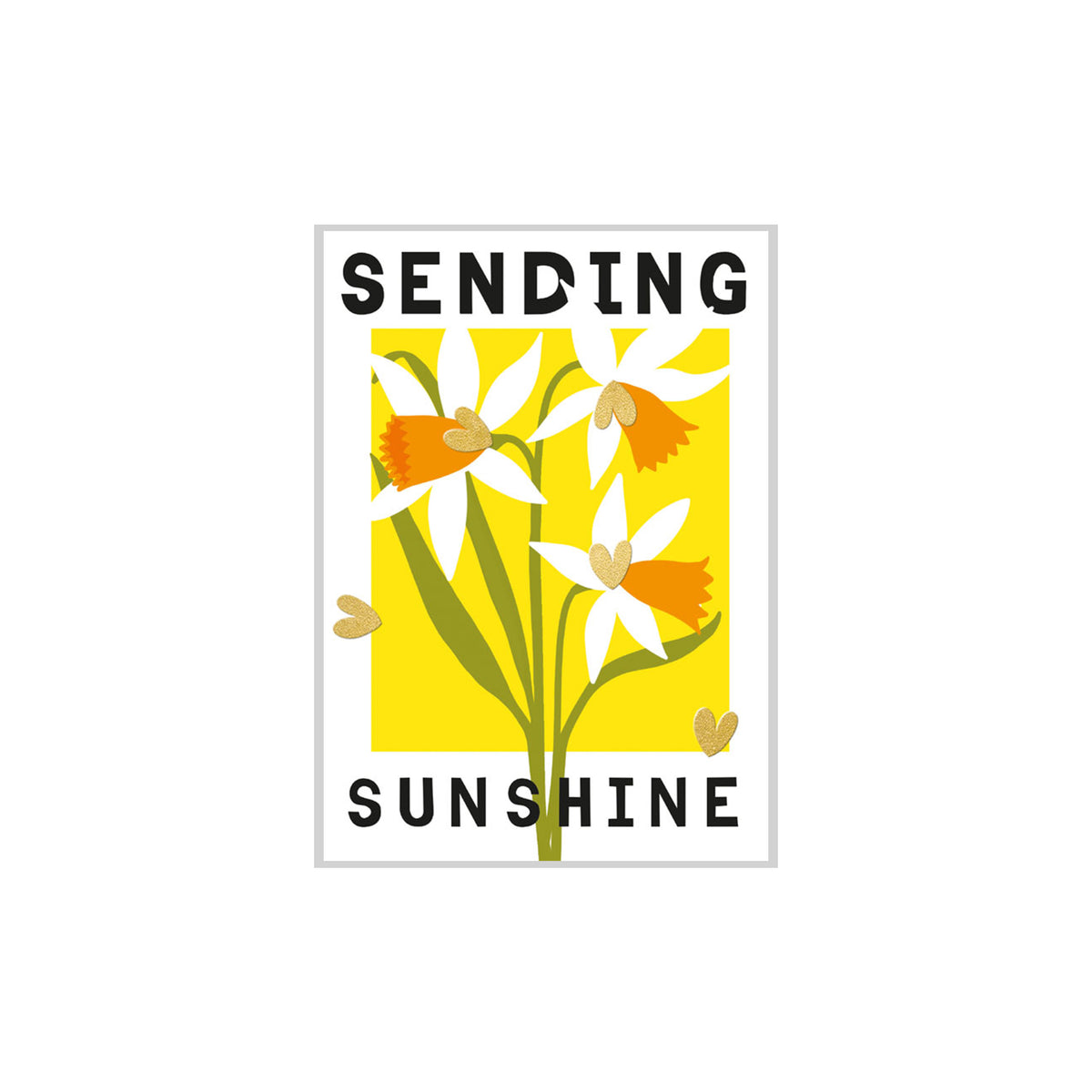 Notecard with flowers and text 'Sending Sunshine' on a yellow background