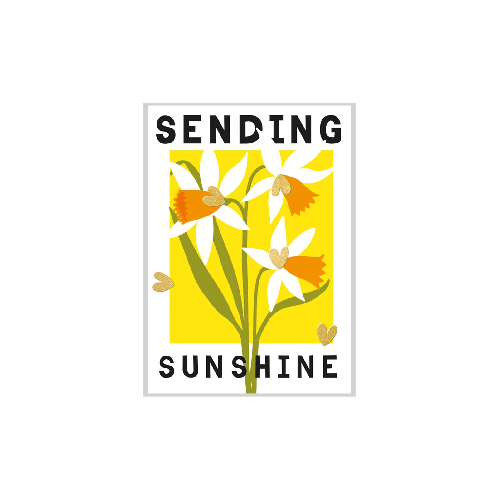 Notecard with flowers and text 'Sending Sunshine' on a yellow background
