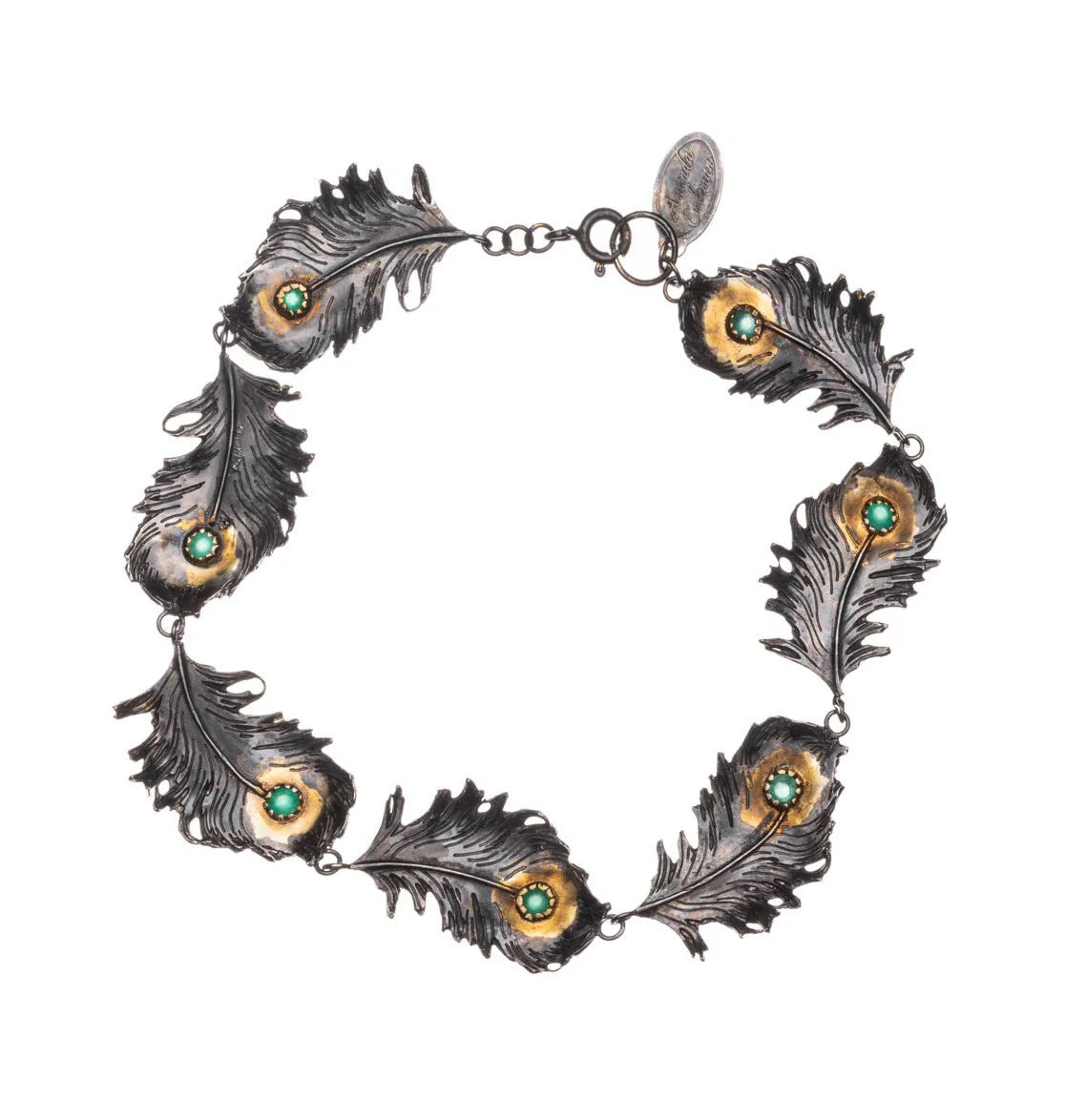 Bracelet with feather-shaped charms on a white background