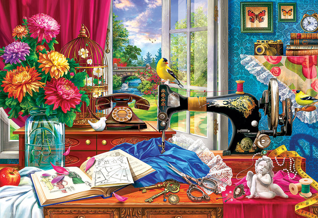 This vibrantly colored sewing-themed 550-piece puzzle is housed within a collectible storage tin. Shaped like a vintage sewing machine complete with lifelike embossed and gilded details, the puzzle pieces are housed in the box at the base. Sewing machine tin dimensions: 9.75" x 8" x 4.25". Puzzle dimensions: 19" x 13".