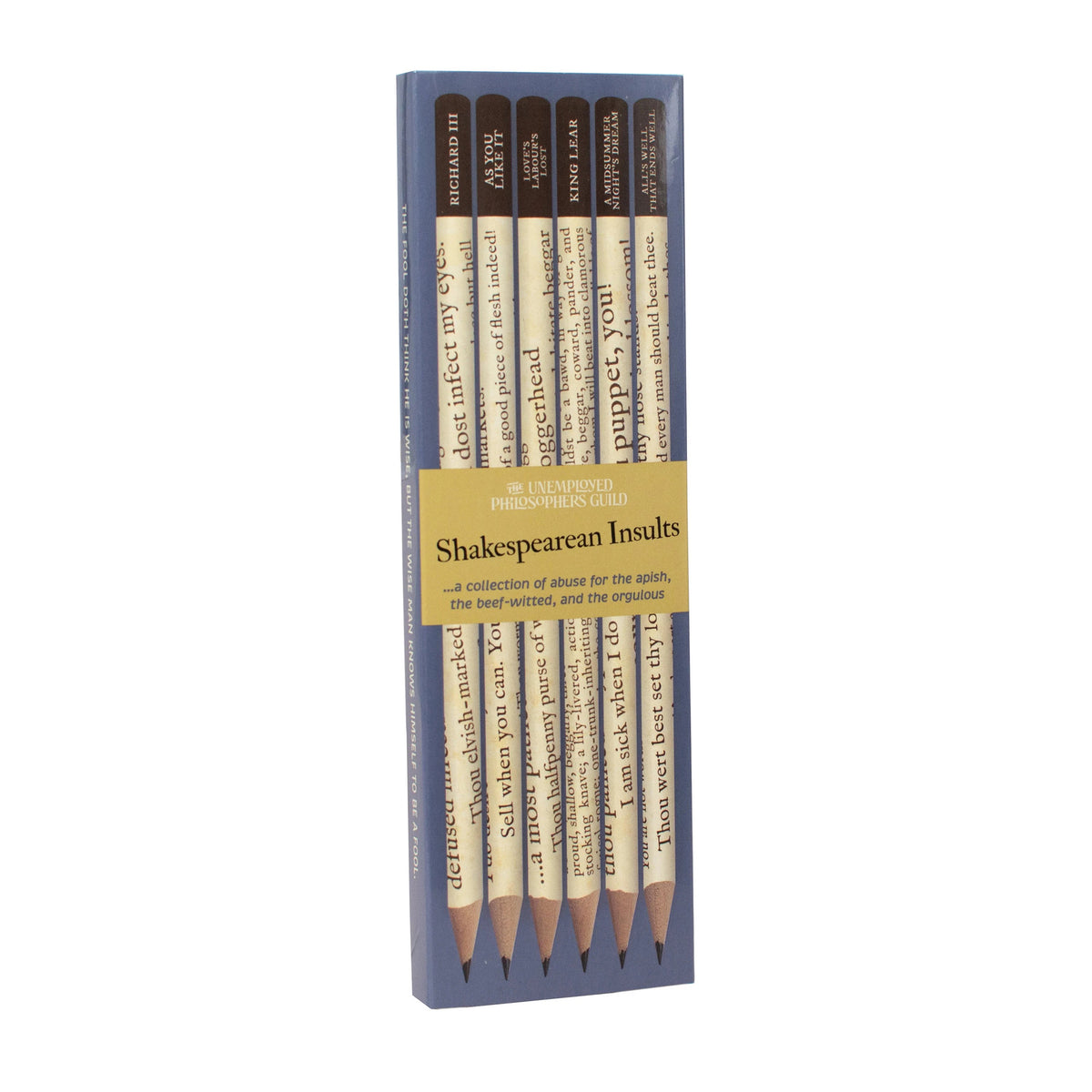 Set of Shakespearean insults pencils in a box on a white background