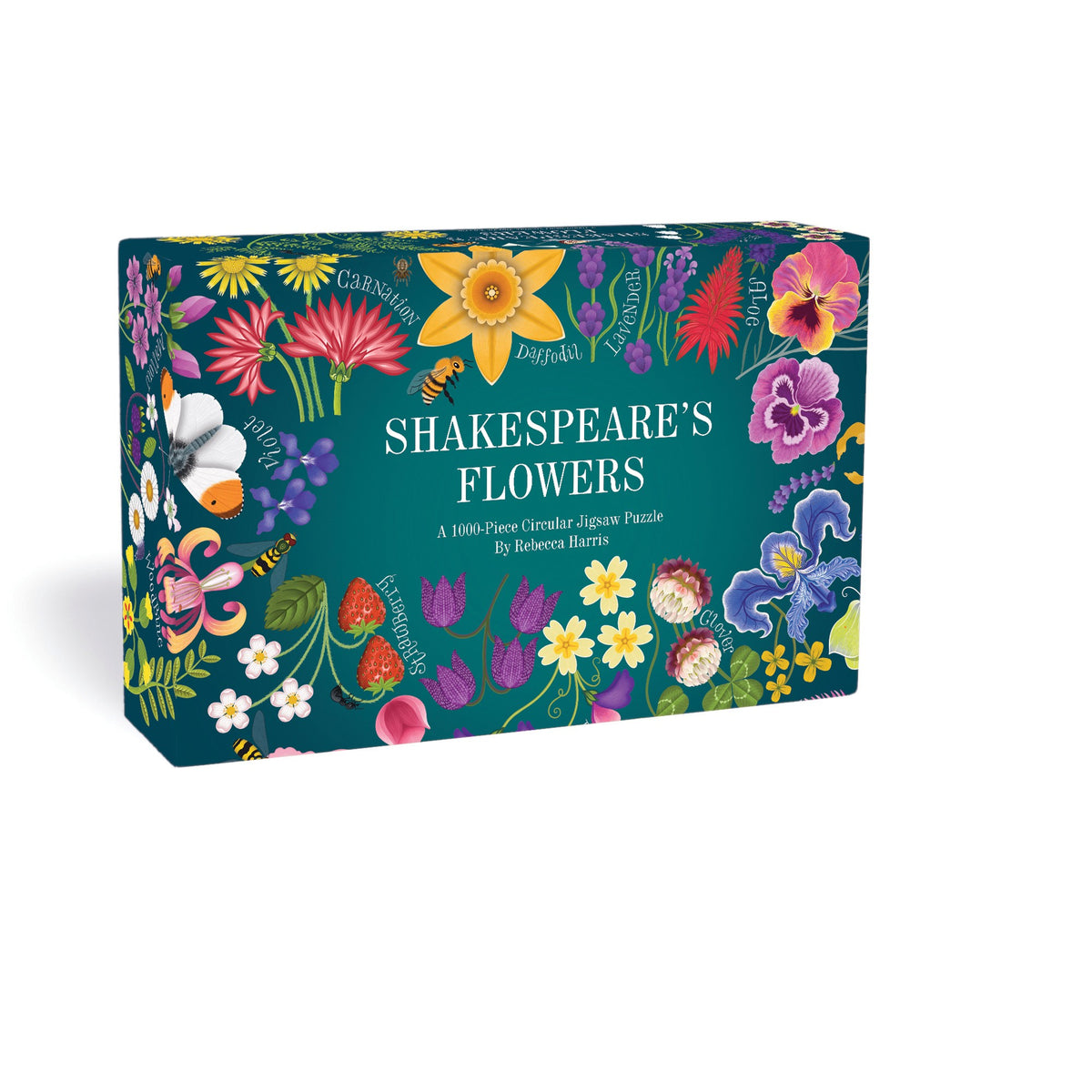 Jigsaw puzzle in a box, decorated with a colorful flower print and the text 'Shakespeare's flowers' on a white background.