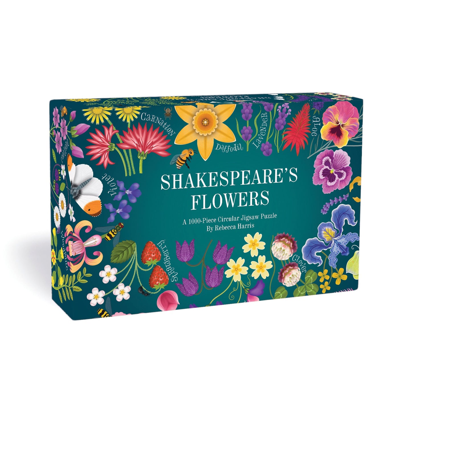 Jigsaw puzzle in a box, decorated with a colorful flower print and the text 'Shakespeare's flowers' on a white background.