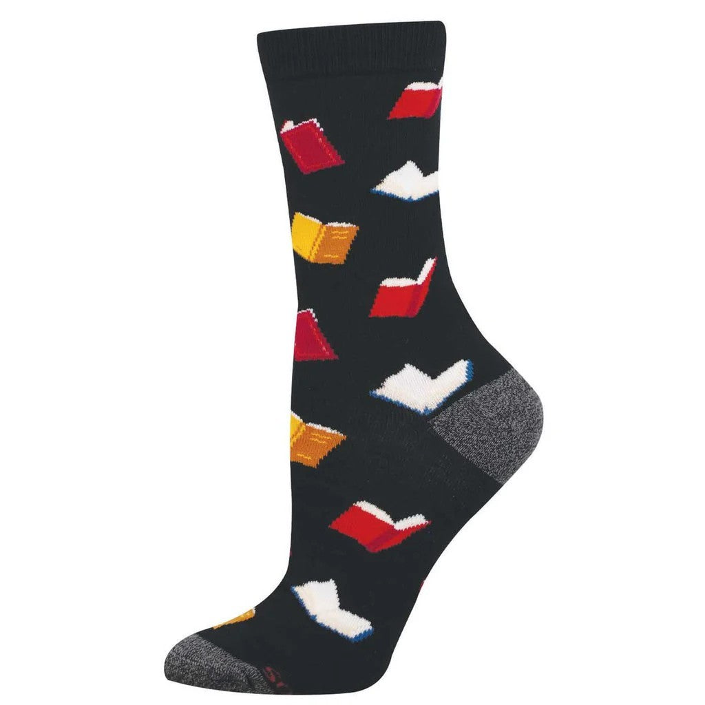 Black socks with colorful book designs on a white background