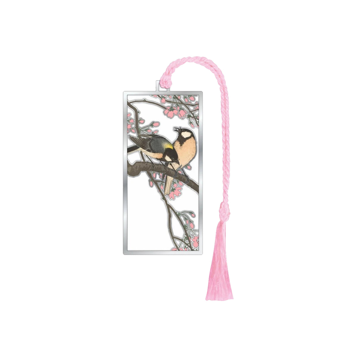 A rectangular silver metal bookmark featuring an illustration of a bird perched on a flowering branch, with a pink braided hanging cord and tassel.