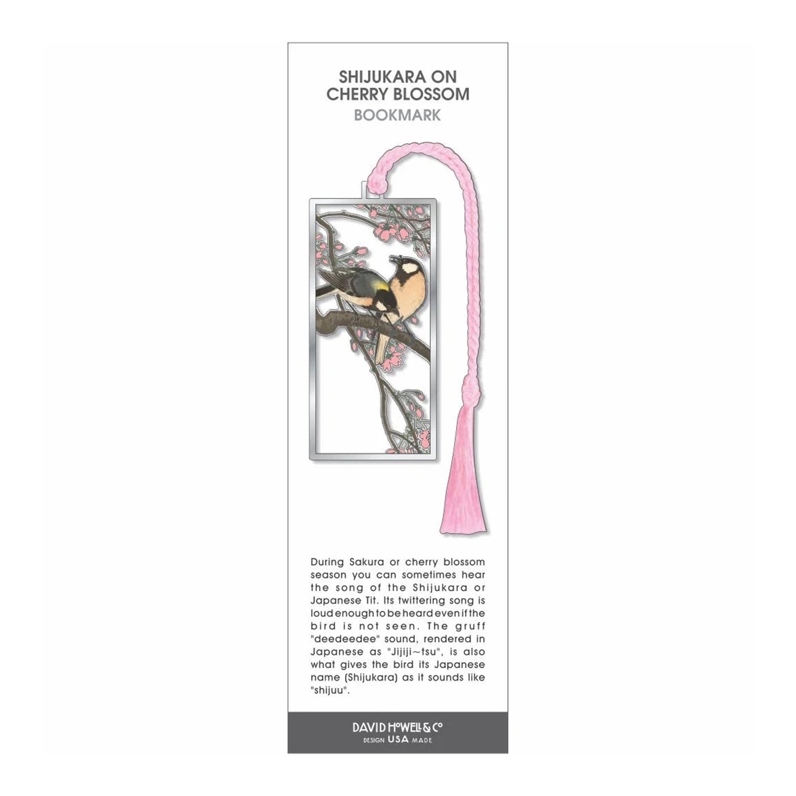 A rectangular silver metal bookmark featuring an illustration of a bird perched on a flowering branch, with a pink braided hanging cord and tassel.
