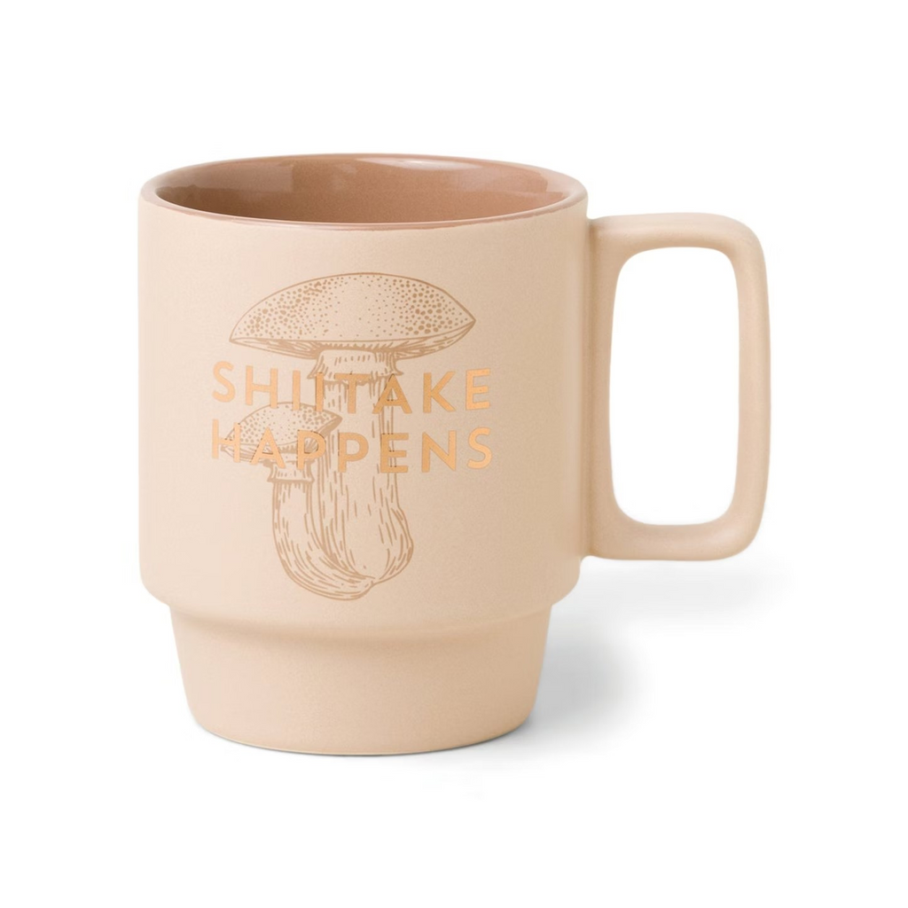 With this "Shiitake Happens" mug, we help you send a playful message with a stylish design and pop of color. Crafted of high-quality ceramic, this stackable mug features a sassy sentiment in metallic gold with a vintage style botanical mushroom sketch. 3.25"x 4.125" 12 oz. Ceramic Mug. Do Not Microwave. Hand Wash Only.