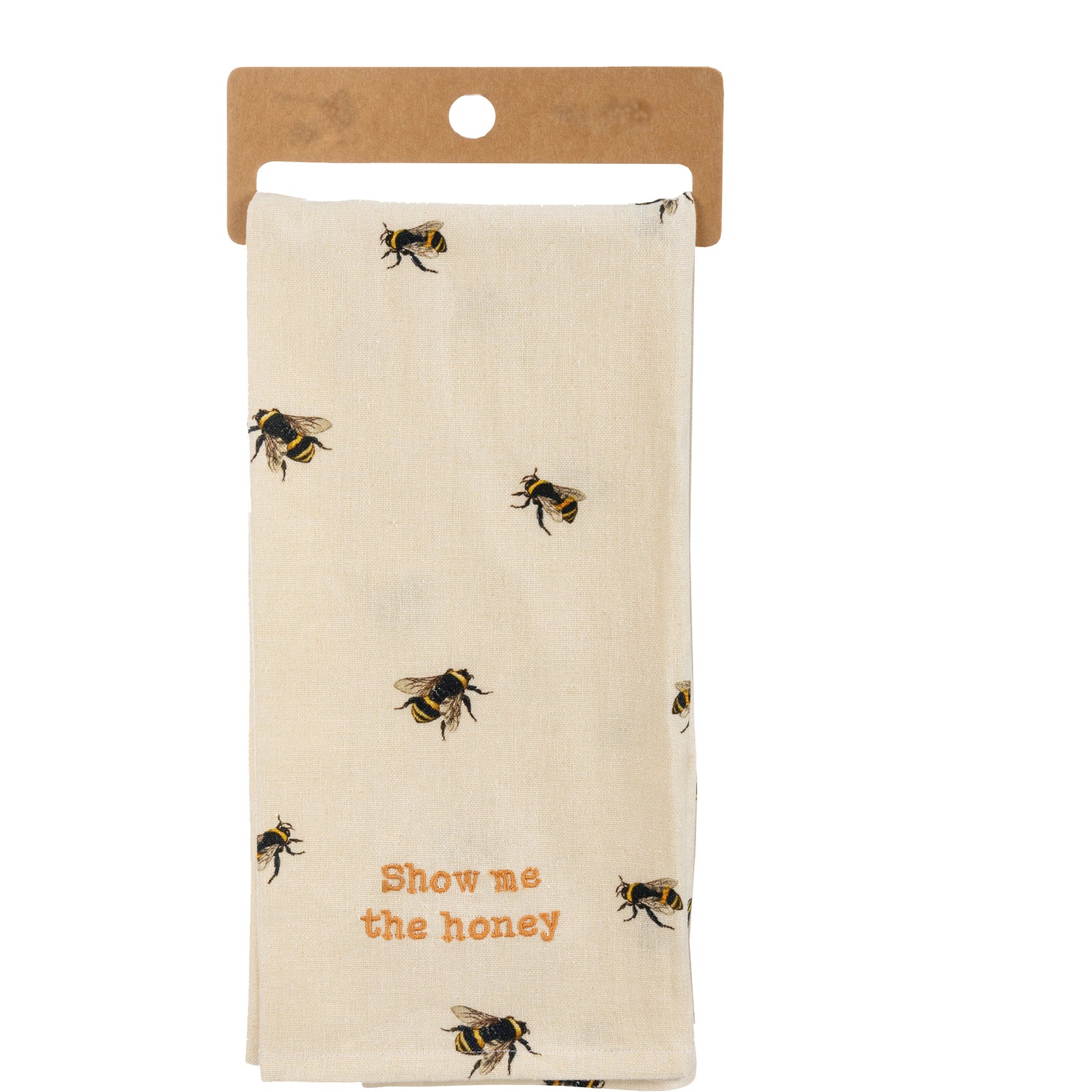 This cotton-linen blend tea towel features ab all-over, vintage-inspired bee print and embroidered 'show me the honey' lettering.  This bee-autiful towel also has a cotton loop in one corner for easy hanging. Material: Cotton, Linen Dimensions: 18" x 28". Machine washable.