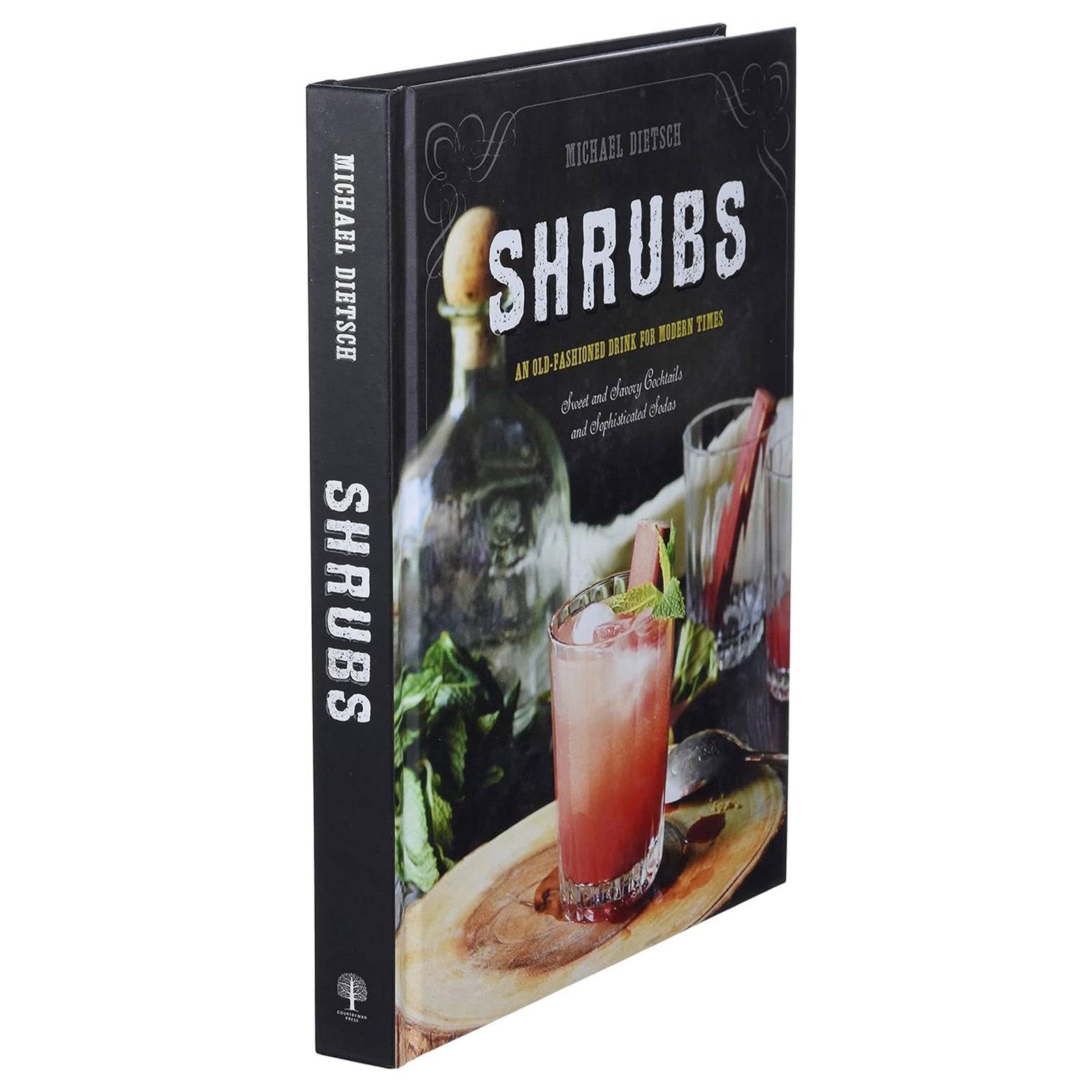 Book titled 'Shrubs' with a bottle and cocktail on the cover, on a white background