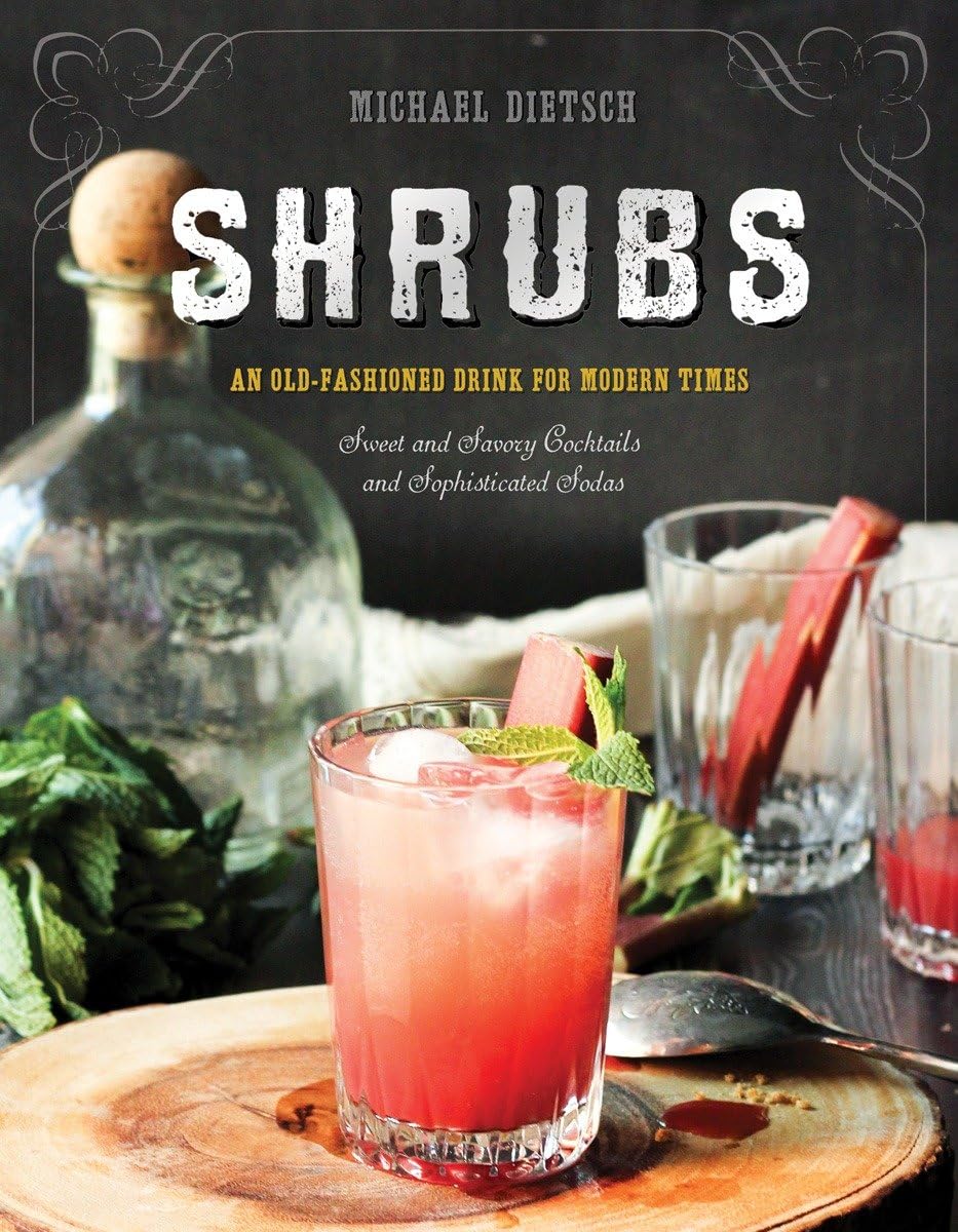Book titled 'Shrubs' with a bottle and cocktail on the cover, on a white background