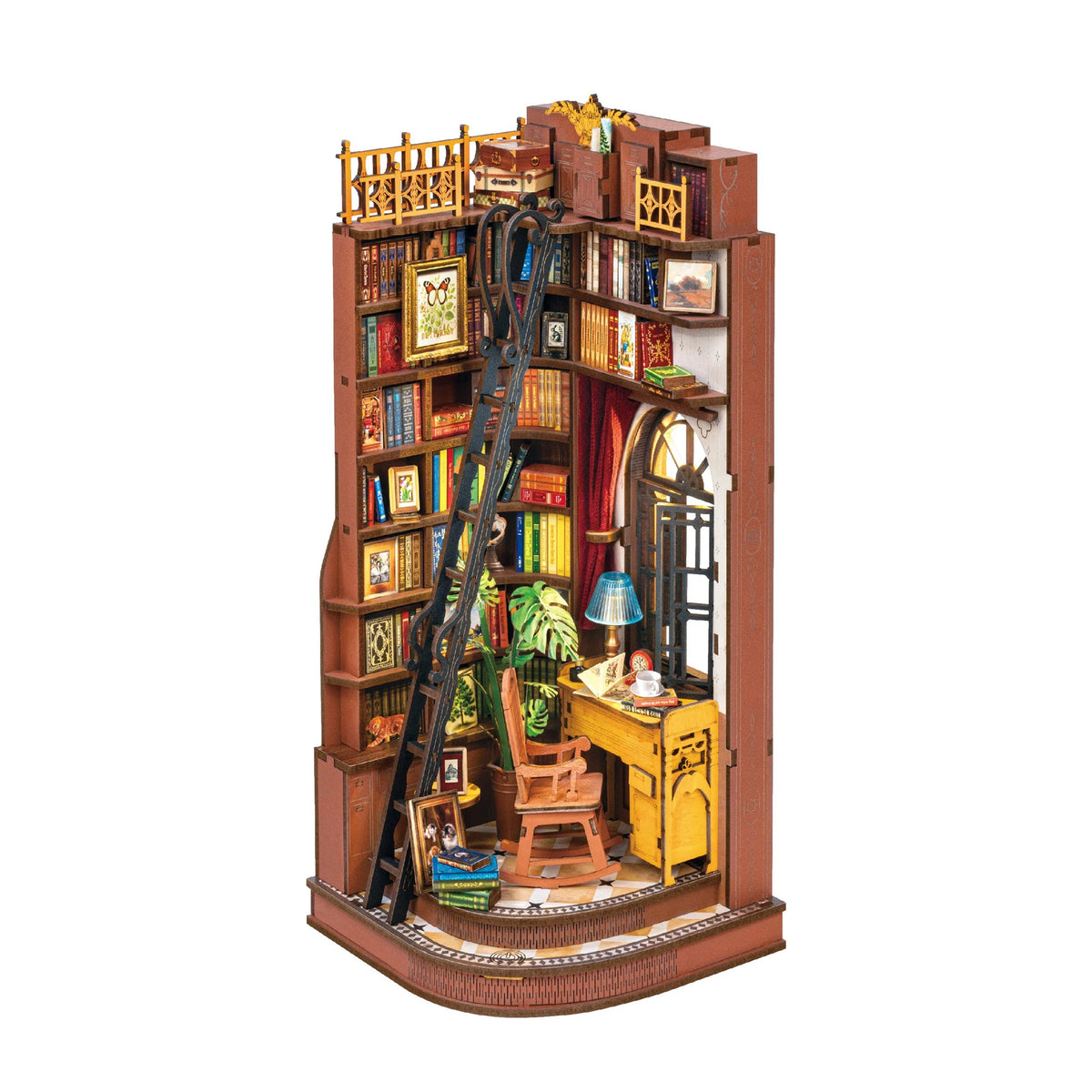 A miniature dollhouse-style bookshelf library cutaway model, featuring detailed miniature bookshelves, a ladder, desk, lamp, chair, and tiny room furnishings, isolated on a white background.
