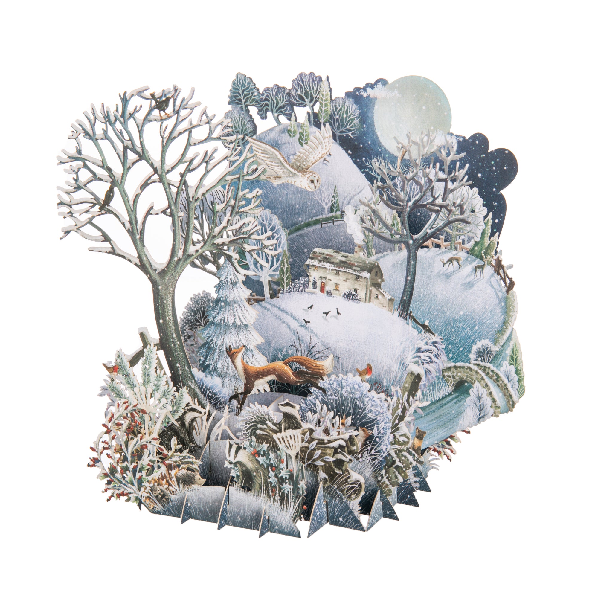 This beautiful holiday card shows a winter scene of snow-covered hills and a cozy cottage with birds and animals playing amongst the trees. It makes a wonderful greeting and holiday decor piece. Easily folds flat for mailing or gift-giving Inside: Left blank for a personal message. Dimensions: 6-1/2 in. x 6-1/2 in.