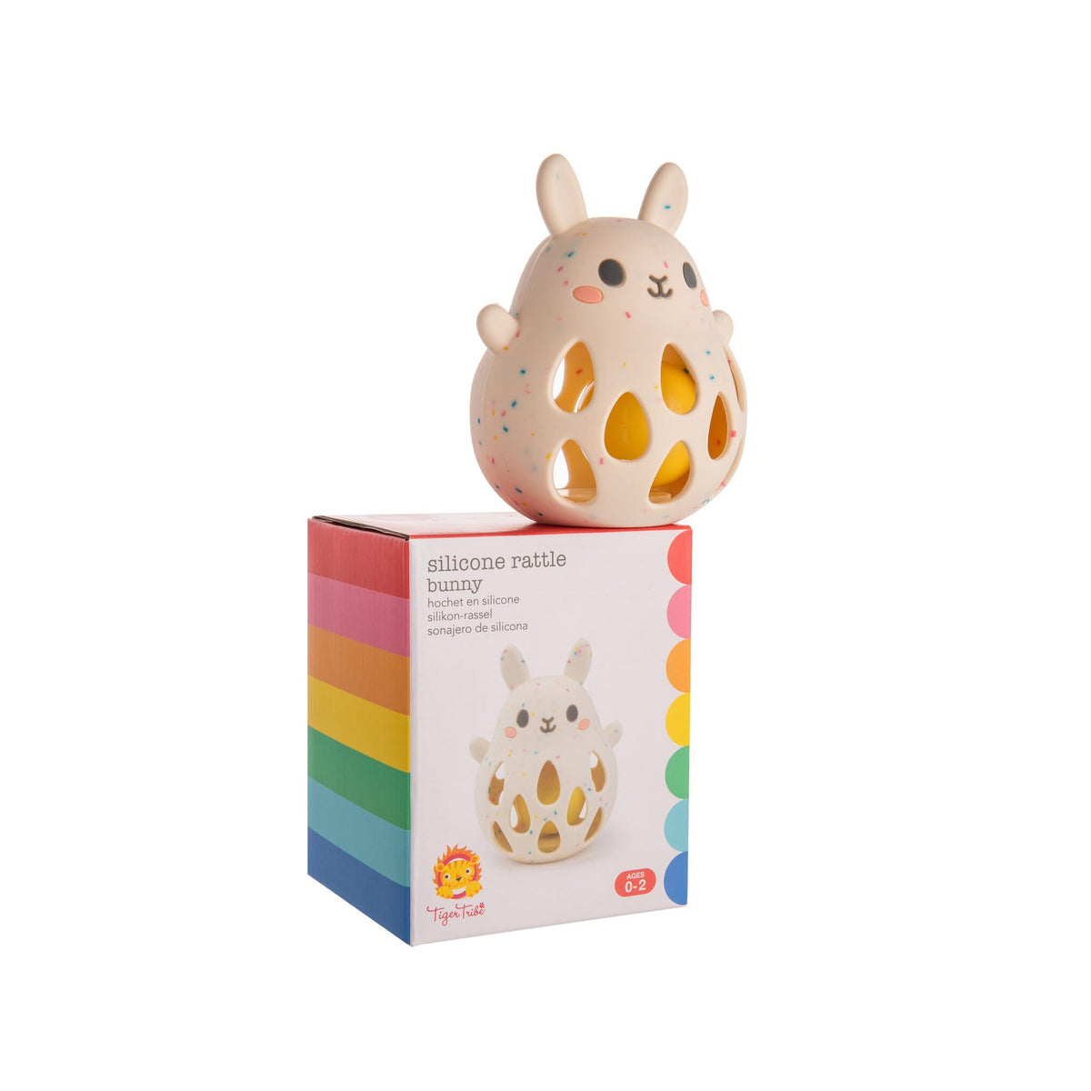 Silicone rabbit toy with packaging on a white background