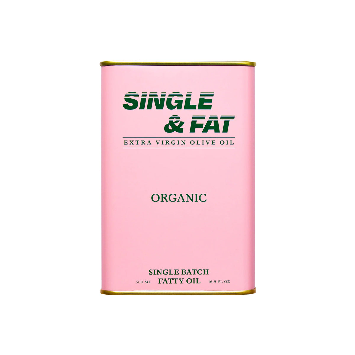 Pink canister of Single & Fat Extra Virgin Olive Oil on a white background