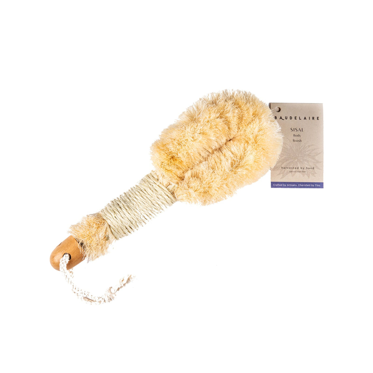 Natural sisal body brush with natural bristles on a white background