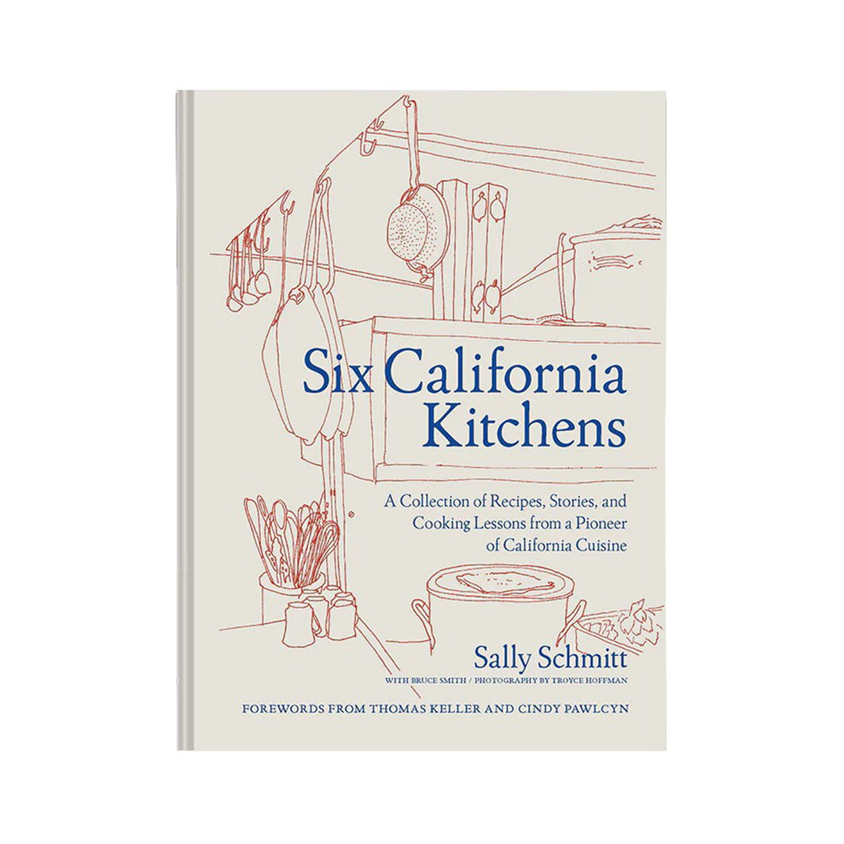 Book cover of 'Six California Kitchens' with line drawings of kitchen utensils on a beige background.