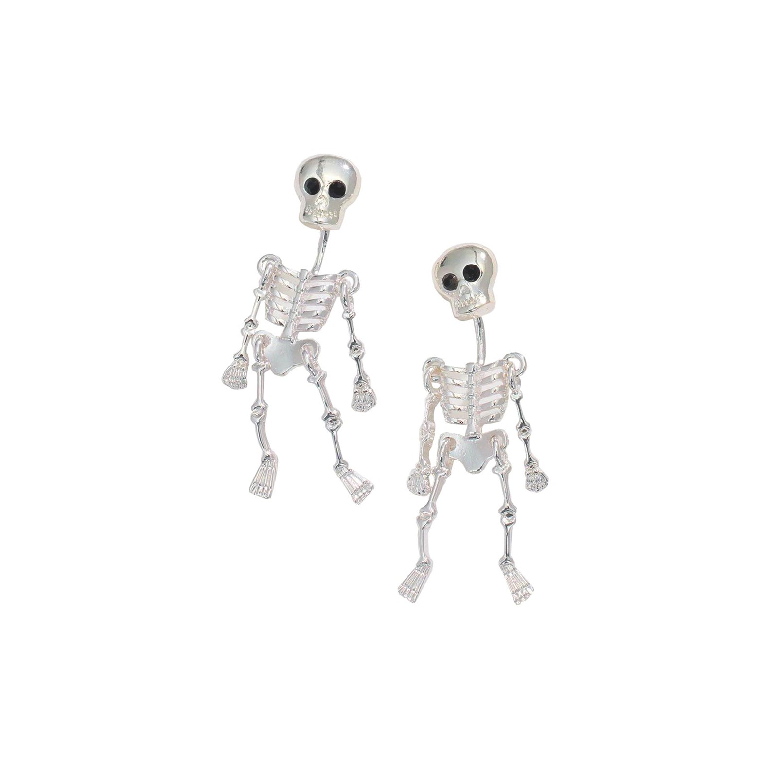 A pair of silver skeleton stud earrings with black eye sockets and small dangling charms, shown on a plain white background.