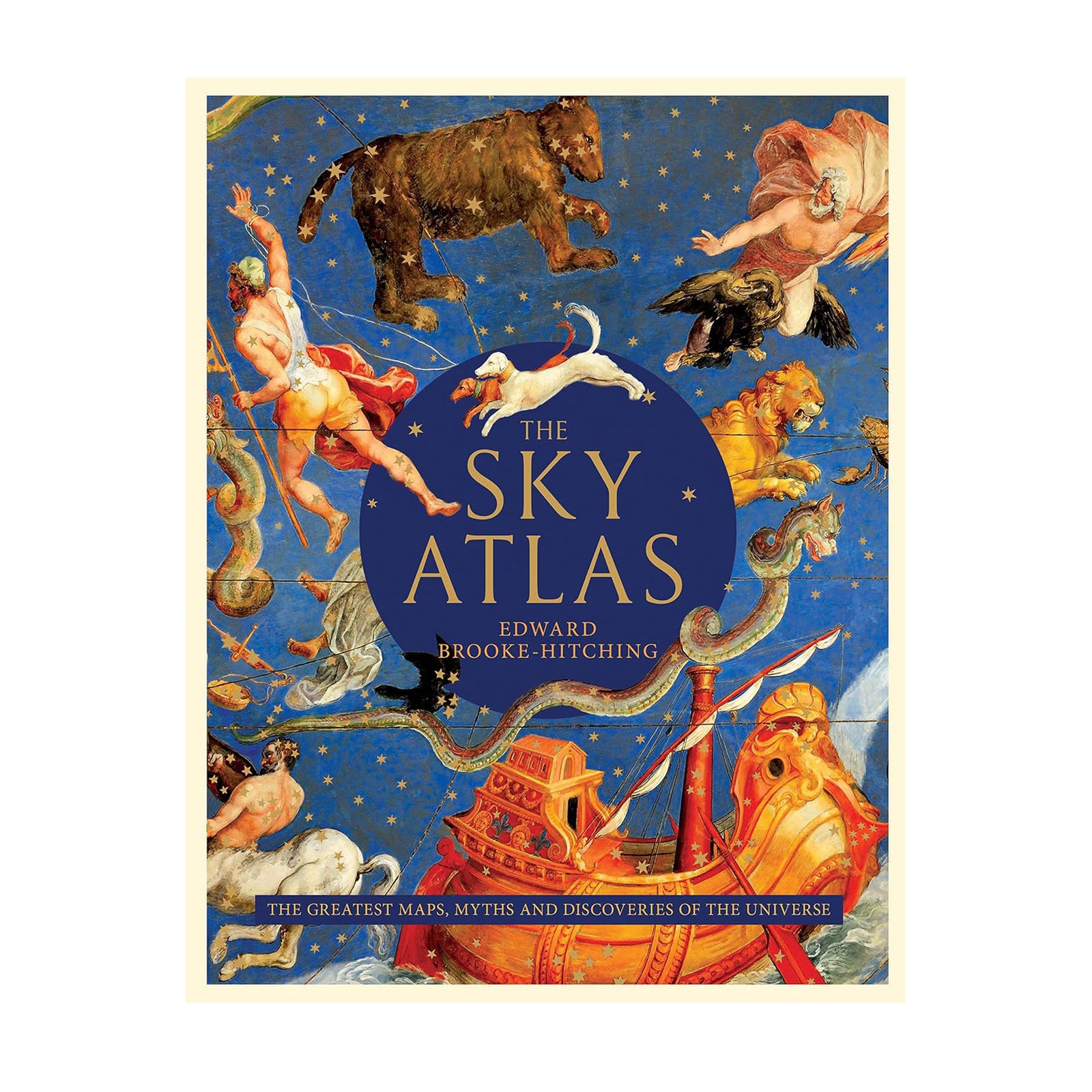 Book cover of 'The Sky Atlas' with celestial designs on a blue background