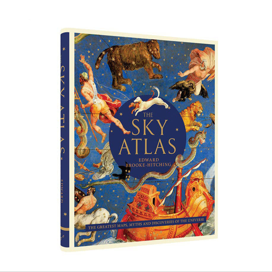 Book cover of 'The Sky Atlas' with celestial designs on a blue background