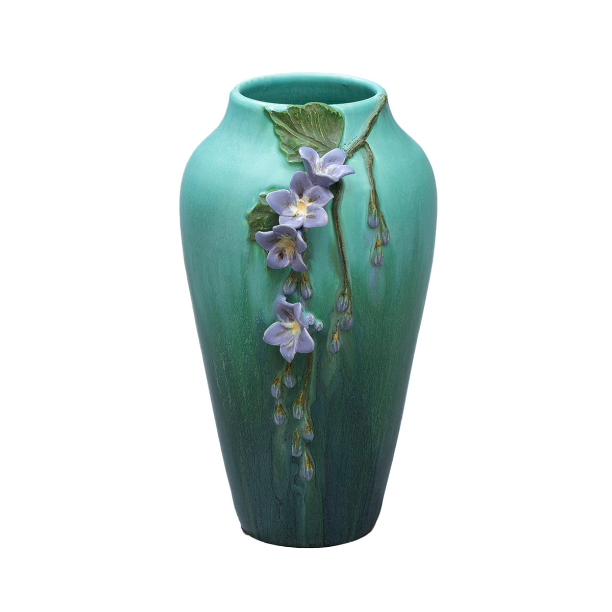 A hand-sculpted ceramic vase with a green background and blue skyflower blossoms.