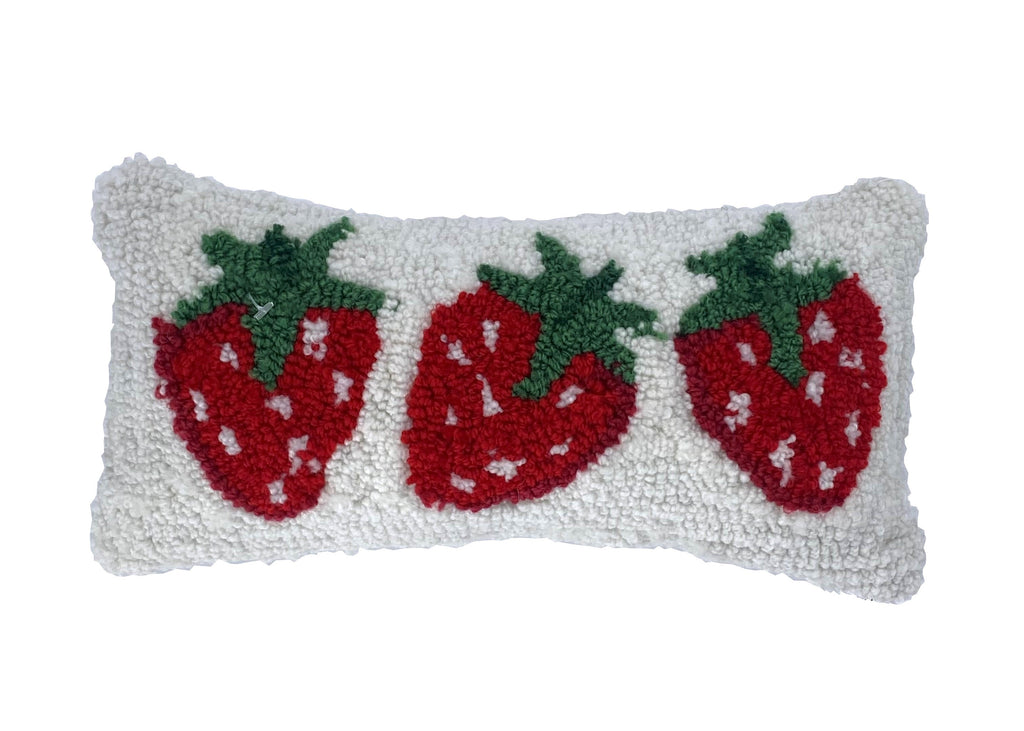 Add a little sweetness to your couch, kids' room, outdoor space with this fun triple strawberry mini pillow. The front is made from hooked acrylic wool. The reverse is cotton-canvas, making this pillow both decorative, and comfortable.  Spot clean. Cover not removeable. Dimensions: 11" x 5" x 2.5".