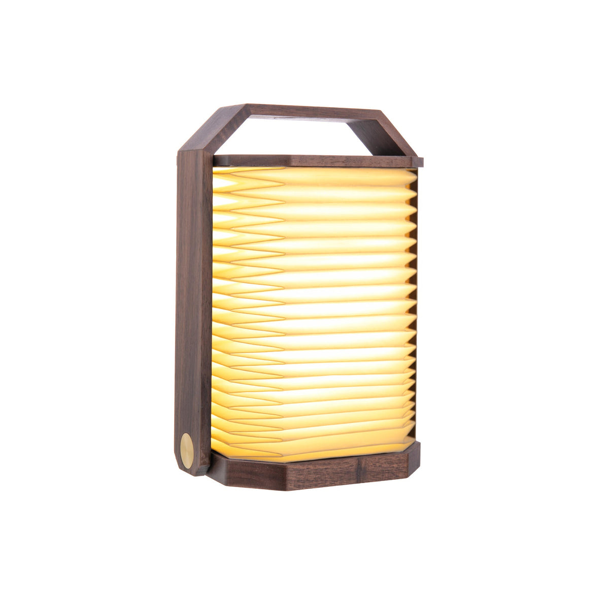 Modern indoor lamp with wooden frame and glowing yellow light on a white background