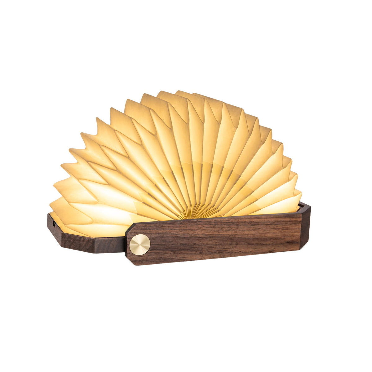 Wooden lamp with a fan-like design on a white background
