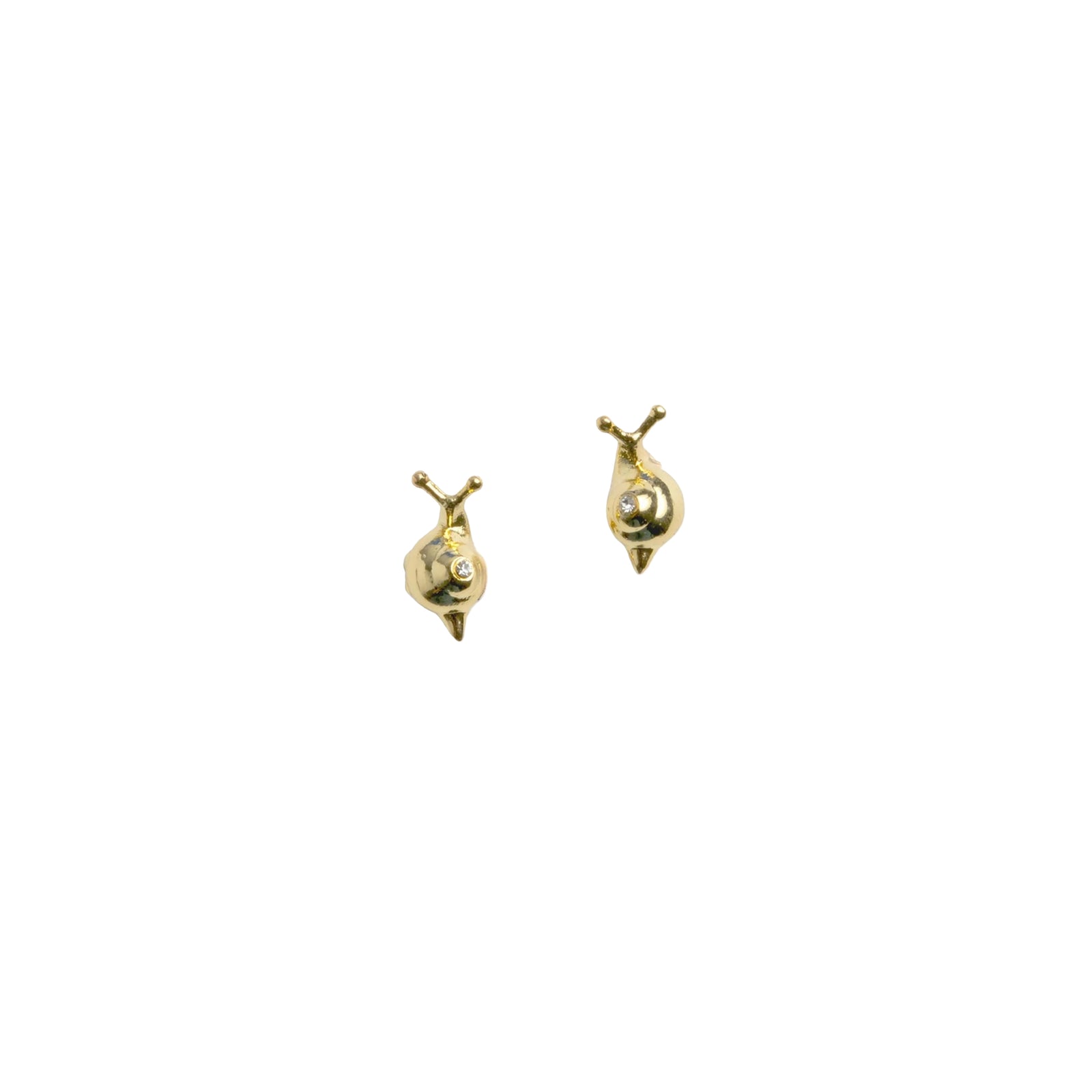 Small gold stud earrings shaped like a snail on a white background.