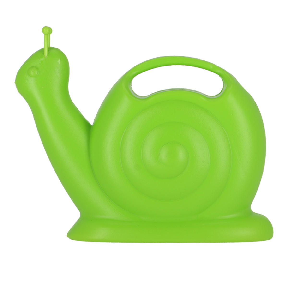 A green watering can shaped like a snail on a white background 