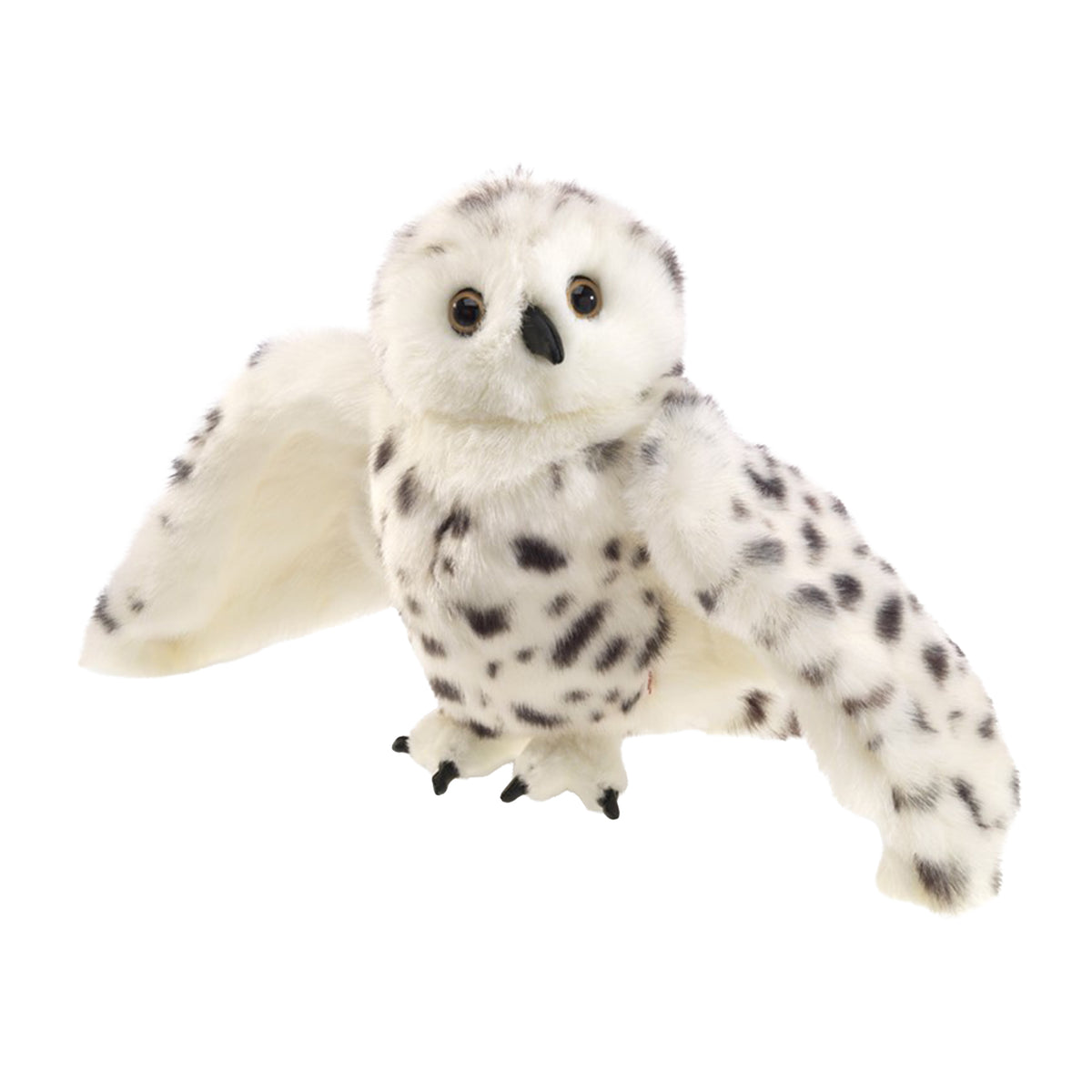 A plush snow owl toy hand puppet with white fur and black spots, shown against a plain white background.