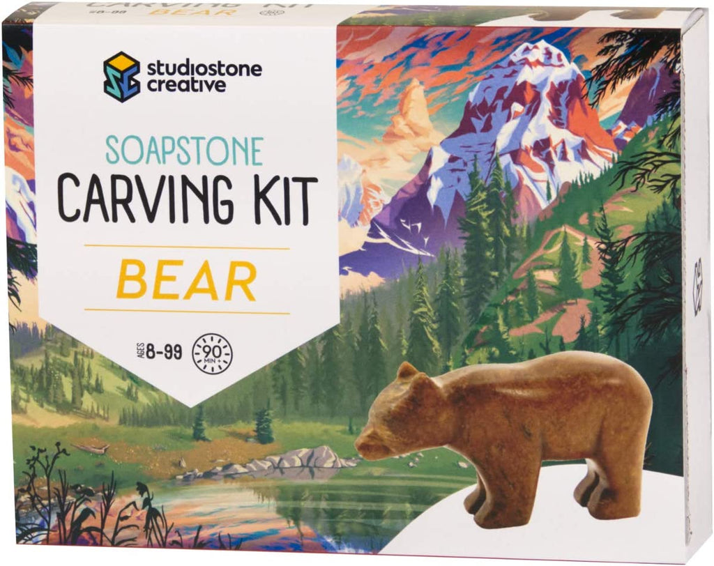 This easy yet engaging craft kit contains all the tools you need to create your masterpiece: a hand-cut Brazilian soapstone bear, a kid-safe carving file, two grades of sandpaper, polishing wax for a shiny finish, a buffing cloth, and step-by-step instructions.  Finished sculpture is approx 1.5” x 3” x 1” (L x H x W).