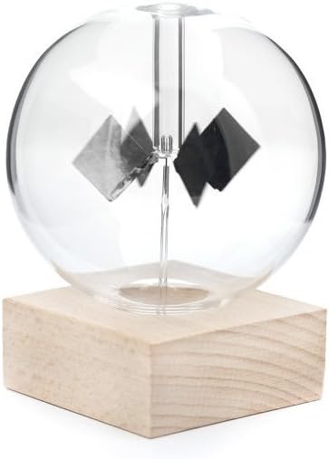 Invented in 1873 by chemist & experimenter Sir William Crookes, the solar radiometer was the first way man could demonstrate light as an energy source. The radiometer consists of an airtight glass bulb containing a partial vacuum. Inside are a set of metal vanes that are mounted on a spindle. 6"x 4.5" x 4.5".