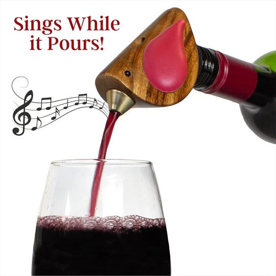 Bird-shaped wine bottle stopper with red center and brown wings on a white background