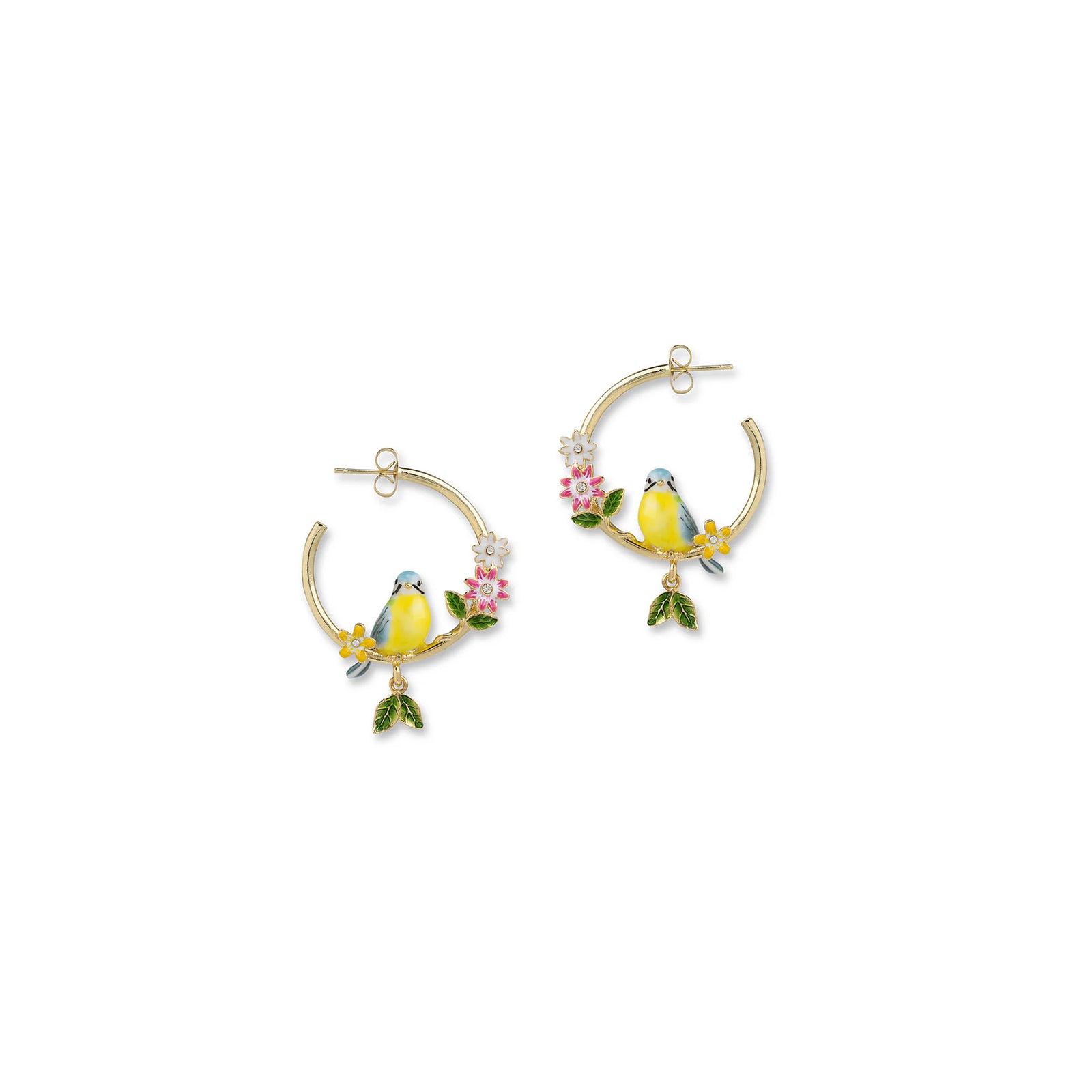 Gold hoop earrings with bird and floral designs on a white background