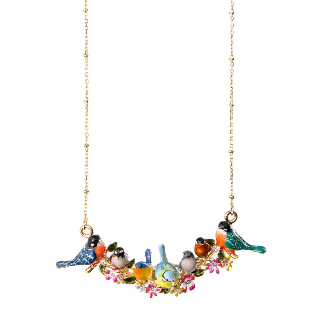 Colorful bird-themed necklace on a white background