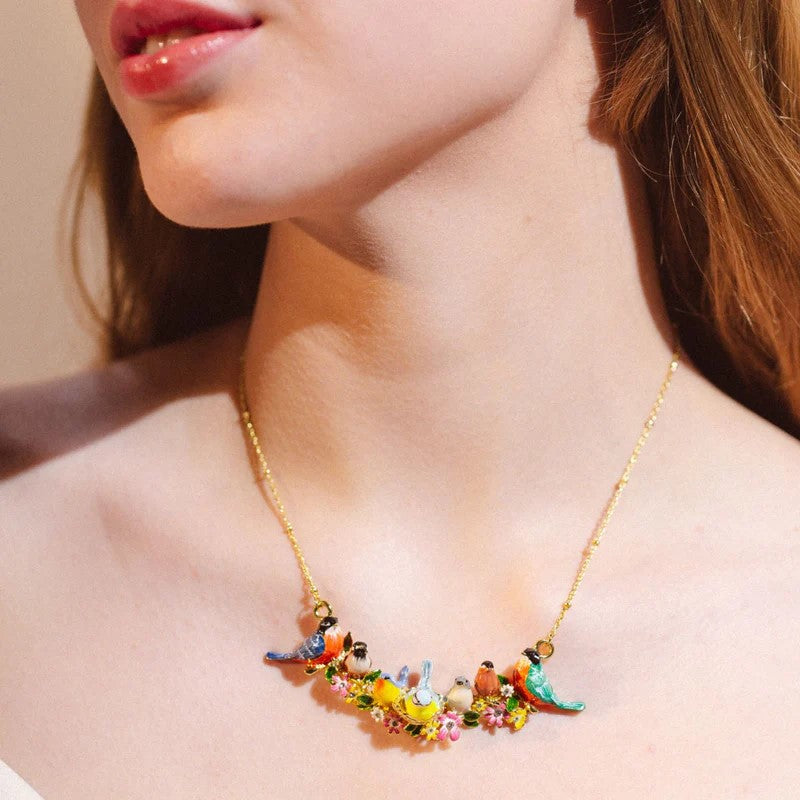 Colorful bird-themed necklace on a white background
