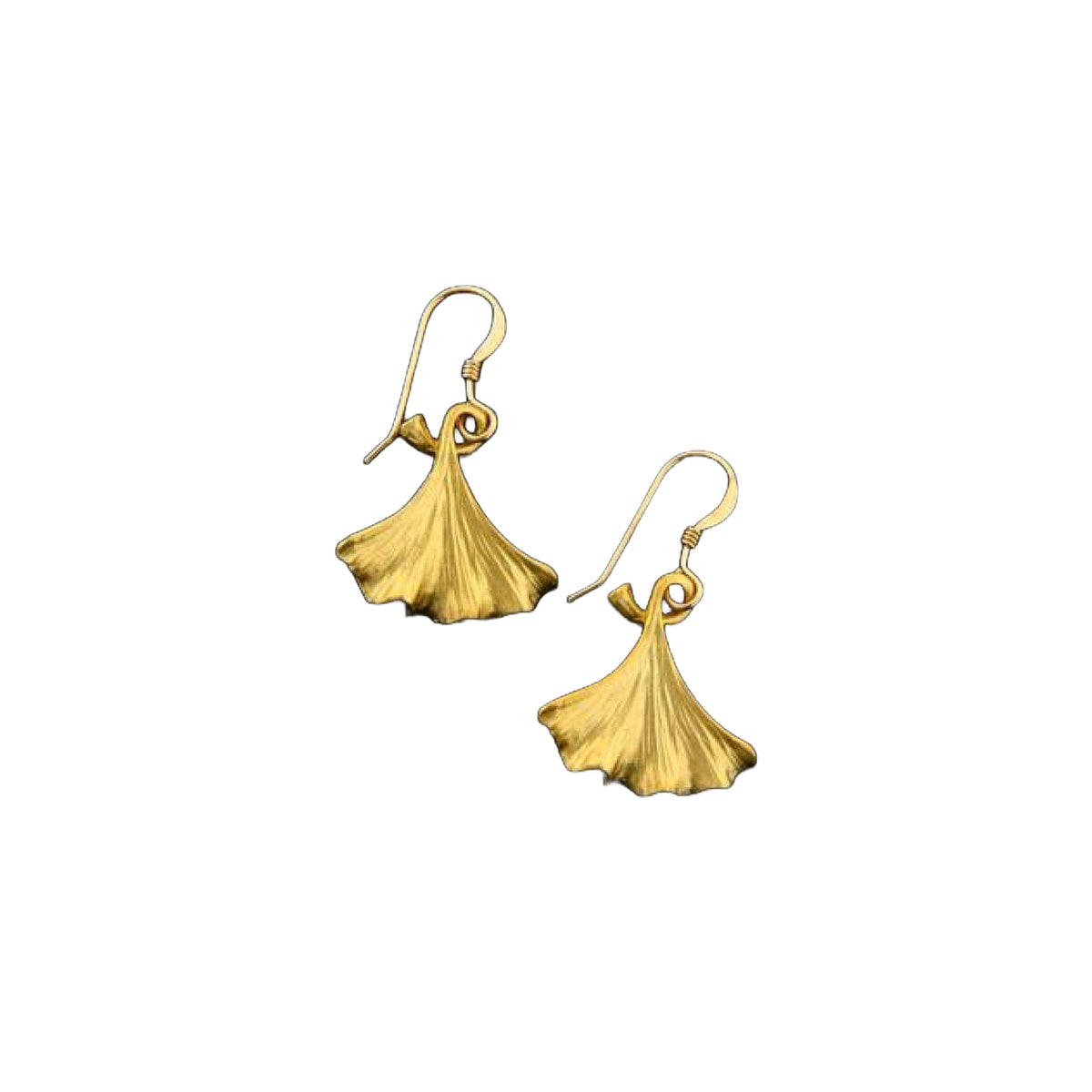 Pair of gold ginkgo-shaped earrings on a white background