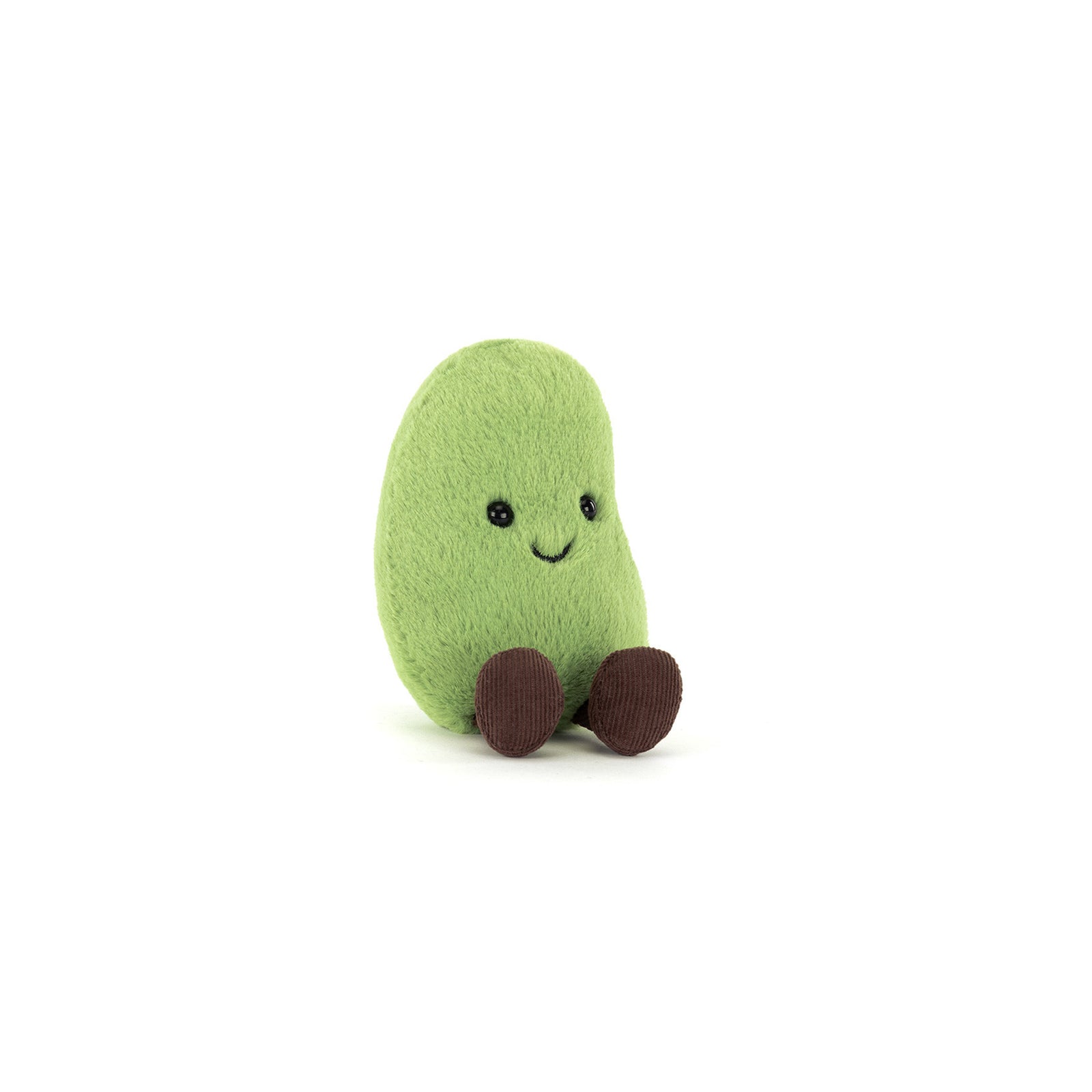 Jellycat Amuseable Soyella Edamame plush toy shaped like a green, edamame bean on a white background. 
